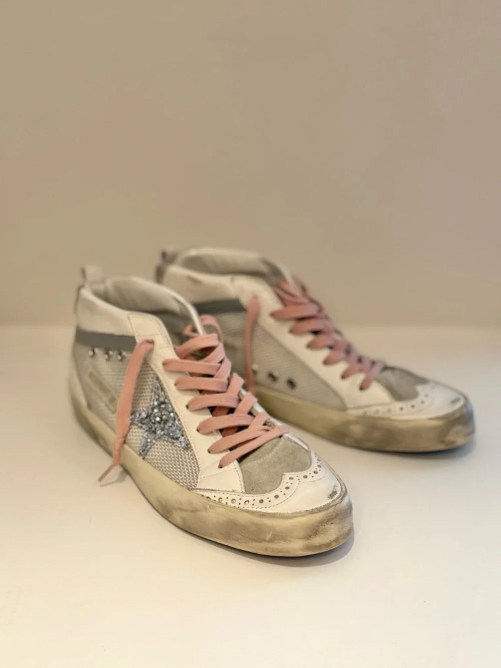 Golden Goose Midstar Women's White and Gray High-Top Sneakers with Pink Laces - Picture 1 of 6